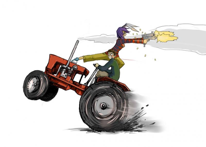 angry animal_ears bunny_ears casing_ejection dual_wield dual_wielding firing flick-the-thief gun muzzle_flash original purple_hair rabbit_ears rapid-fire shell_casing short_hair submachine_gun tractor weapon wheelie