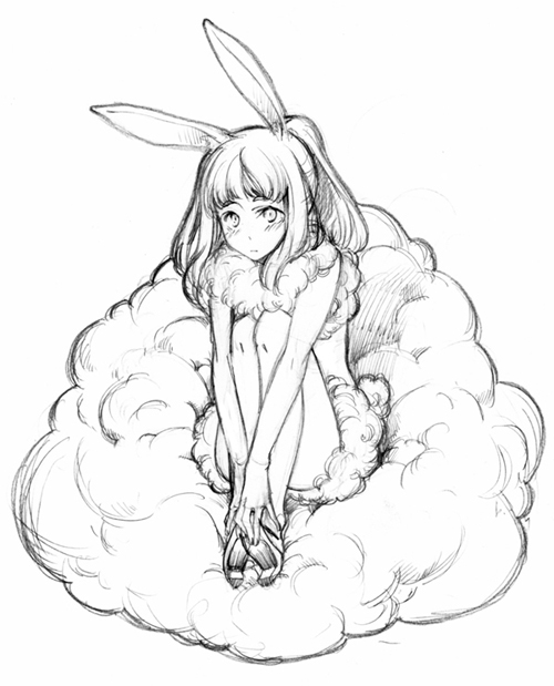 blush bunny_ears cloud leg_hug long_hair monochrome morihito rabbit_ears sitting
