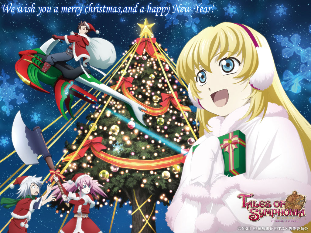 2girls axe christmas christmas_tree colette_brunel earmuffs english genis_sage gift holding holding_gift lloyd_irving logo mittens multiple_boys multiple_girls official_art presea_combatir ribbon santa_costume star tales_of_(series) tales_of_symphonia title_drop tree weapon