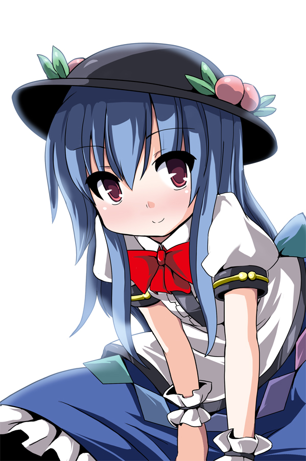 blush favfavver2 food fruit hat hinanawi_tenshi long_hair peach red_eyes smile solo touhou