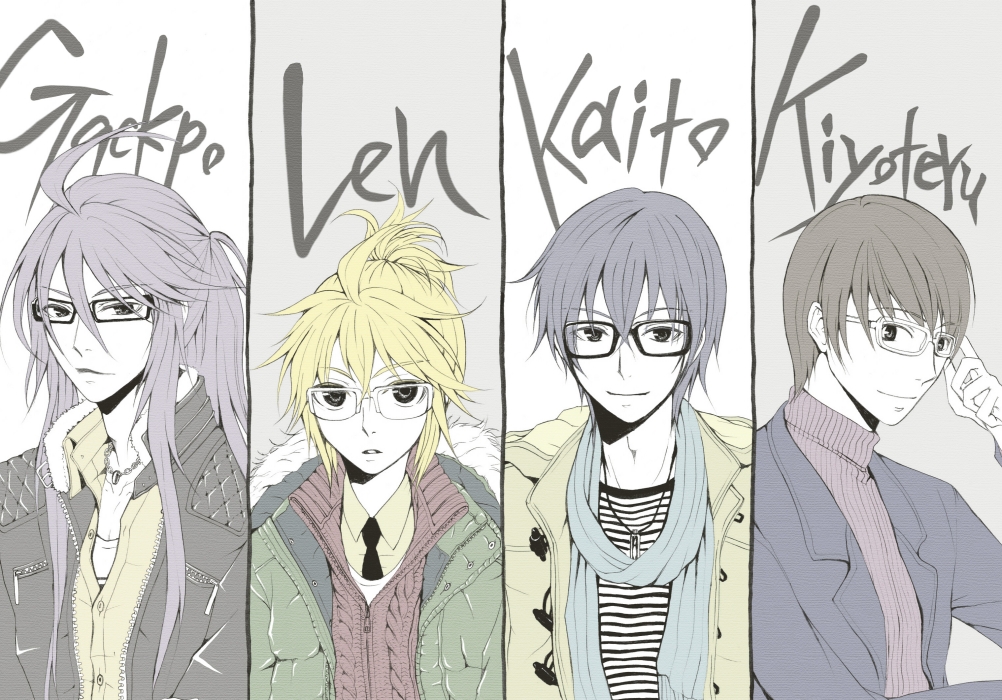 ahoge bad_id bespectacled black_hair blonde_hair blue_hair casual column_lineup flat_color glasses hiyama_kiyoteru jacket jewelry kagamine_len kaito kamui_gakupo multiple_boys muted_color necklace necktie ponytail purple_hair scarf simple_background smile vocaloid zumi