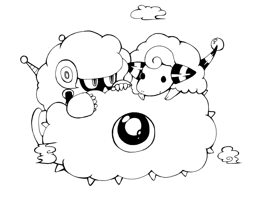 clouds crossover kirby_(series) kracko mareep monochrome no_humans pokemon pokemon_(creature) rockman rockman_(original) rockman_10 sheep sheepman yukiwari