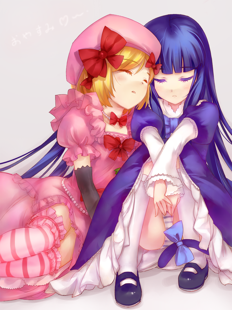 blonde_hair blue_hair bow cat_tail colored_eyelashes dress eyelashes frederica_bernkastel hair_bow head_on_shoulder lambdadelta multiple_girls panties pantyshot ribbon s.advent sleeping striped striped_legwear striped_panties striped_thighhighs tail thigh-highs thighhighs umineko_no_naku_koro_ni underwear