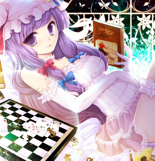 breasts card chess chessboard choker elbow_gloves garters gloves hat long_hair lying lying_card patchouli_knowledge playing_card purple_eyes purple_hair smile solo teramoto_kaoru thigh-highs thighhighs thighs touhou violet_eyes