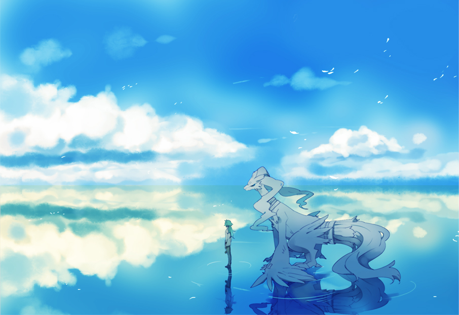 1boy clouds green_hair long_hair n_(pokemon) pokemon pokemon_(creature) pokemon_(game) pokemon_black_and_white pokemon_bw reflection reshiram shuri_(84k) sky water