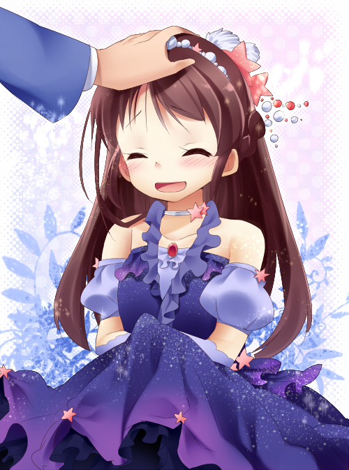 :&lt; :d bare_shoulders blush brooch brown_hair choker closed_eyes collarbone dress dress_lift elbow_gloves eyes_closed gloves hair_ornament half_updo idolmaster idolmaster_cinderella_girls jewelry open_mouth petting smile star suzune_kotora tachibana_arisu