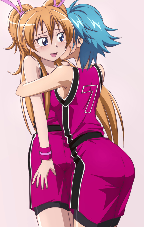 blue_eyes blue_hair blush breasts brown_hair houjou_hibiki hug long_hair manji_(tenketsu) multiple_girls nishijima_waon precure short_hair sideboob suite_precure