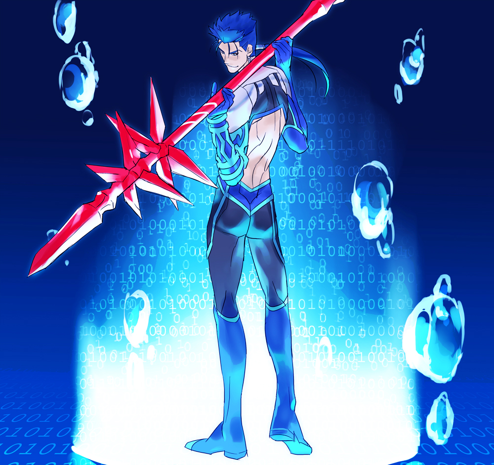 back_cutout blue_hair bodysuit earrings fate/extra fate/stay_night fate_(series) from_behind gae_bolg jewelry lancer long_hair polearm ponytail red_eyes sexy44 solo spear weapon