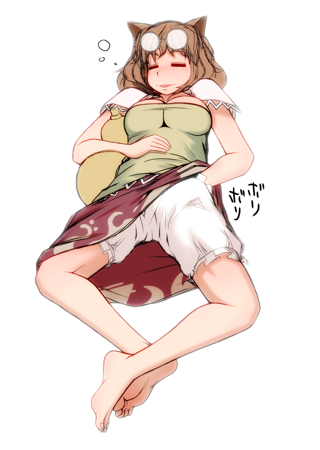 barefoot bloomers blush breasts brown_hair closed_eyes drunk eyes_closed feet full-face_blush futatsuiwa_mamizou glasses glasses_on_head gourd hand_under_clothes iromeki_overdrive large_breasts scratching short_hair simple_background skirt sleeping smile soles solo toenails toes touhou translated translation_request white_background