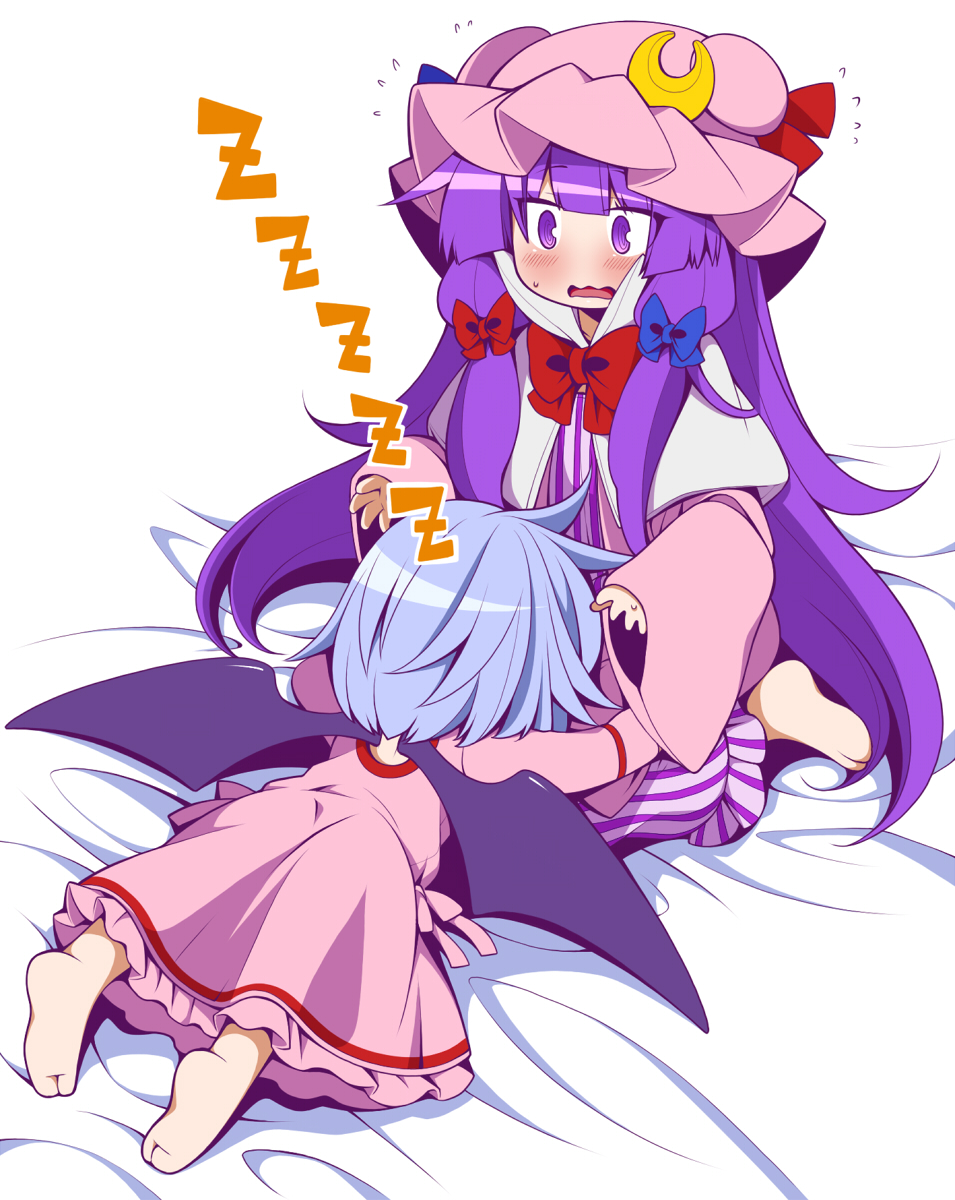 2girls barefoot bat_wings blue_hair blush capelet coat commentary_request crescent dress eichi_yuu hair_ribbon hat highres lap_pillow long_hair long_sleeves lying mob_cap multiple_girls on_stomach open_clothes open_coat open_mouth patchouli_knowledge pink_dress purple_dress purple_hair remilia_scarlet ribbon sitting sleeping striped striped_dress touhou tress_ribbon very_long_hair violet_eyes wariza wavy_mouth wide_sleeves wings zzz