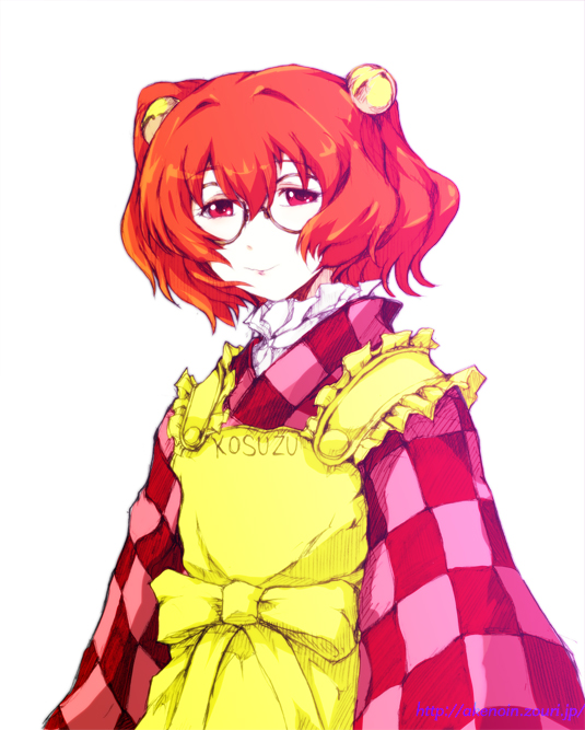 akenoin_soumon apron bell checkered clothes_writing glasses hair_bell hair_ornament long_sleeves looking_at_viewer motoori_kosuzu red_eyes red_hair redhead short_hair short_twintails simple_background sleeves smile solo touhou twintails white_background wide_sleeves