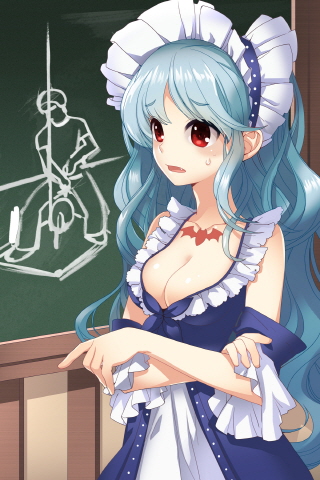 artist_request bat blush breasts chalkboard cleavage collarbone crescent_nazo crossed_arms fang frills long_hair lowres open_mouth pointing red_eyes ssol sweatdrop sword_girls tattoo very_long_hair wavy_hair