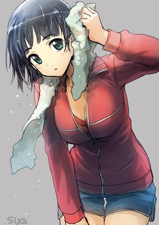 black_hair blush bra breasts cleavage drying_hair green_eyes grey_background gym_shorts holding kirigaya_suguha kurobuta_gekkan looking_at_viewer red_bra short_hair sketch solo sword_art_online towel track_jacket track_suit underwear wet_hair