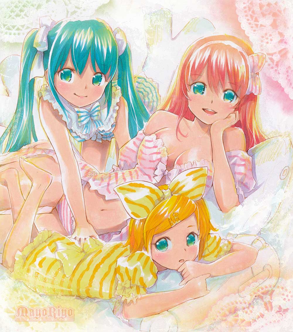 :d aqua_eyes aqua_hair arm_support bare_shoulders blonde_hair blush bow breasts chin_rest doily dress hair_bow hair_ribbon hatsune_miku kagamine_rin long_hair looking_at_viewer lying mayo_riyo megurine_luka multiple_girls navel on_side on_stomach open_mouth pillow pink_hair ribbon short_hair smile striped striped_dress traditional_media twintails very_long_hair vocaloid watermark