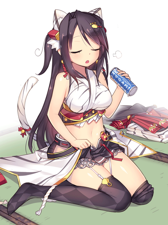 1girl animal_ears animated animated_gif argyle argyle_legwear bare_shoulders bell black_hair breasts can cat_ears cat_tail closed_eyes d: eyes_closed garter_straps gif_artifacts hair_ornament holding kashiwamochi_yomogi long_hair looking_at_viewer navel open_mouth red_eyes sengoku_collection sitting skirt solo tail tail_bell takatora_todo_(sengoku_collection) thigh-highs thighhighs thighhighs_pull