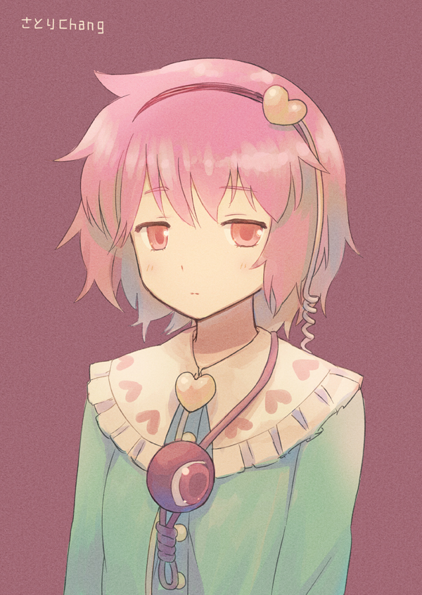 bad_id blush hairband heart komeiji_satori kurobuta_gekkan looking_at_viewer pink_background pink_eyes pink_hair short_hair solo third_eye touhou