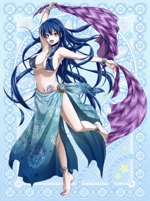 1girl anklet barefoot barefoot_sandals bikini blue_hair bracelet breasts end_breaker! female jewelry large_breasts long_hair necklace sarong shawl sideboob skirt solo swimsuit tattoo toe_ring yellow_eyes
