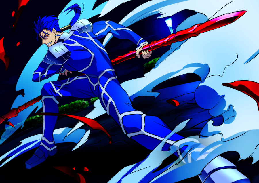 blue_hair earrings fate/stay_night fate_(series) gae_bolg jewelry lancer long_hair polearm ponytail red_eyes sexy44 solo spear weapon
