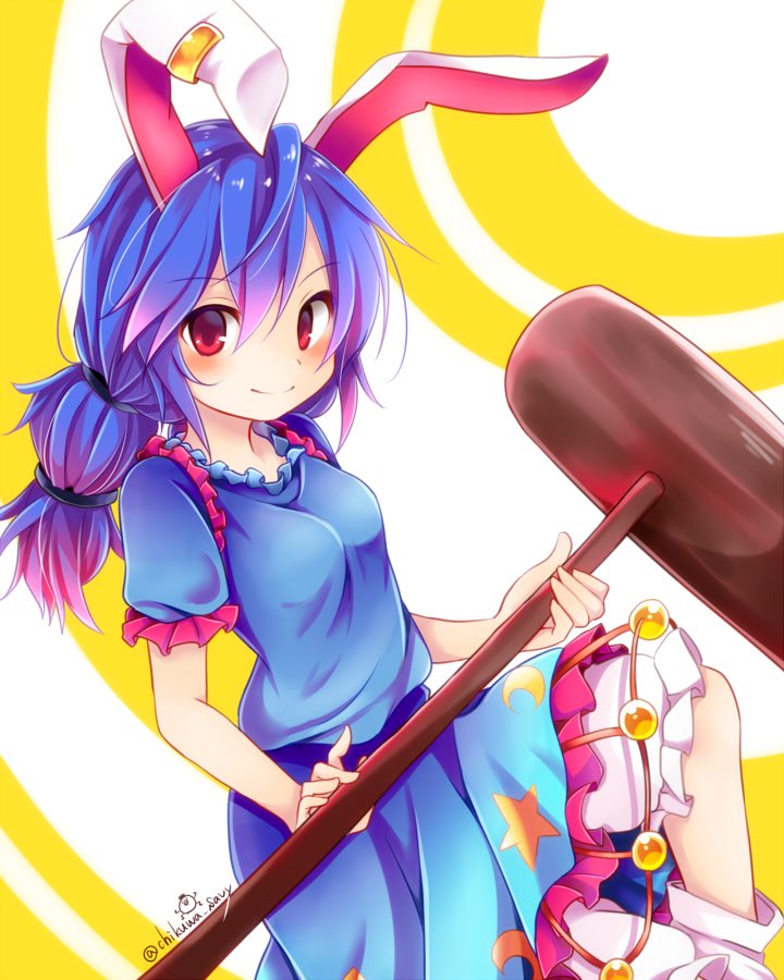 1girl animal_ears bloomers blue_dress blue_hair blush breasts bunny_girl chikuwa_savi closed_mouth commentary crescent dress ear_clip gradient_hair long_hair looking_at_viewer looking_to_the_side mallet multicolored_hair pink_hair puffy_short_sleeves puffy_sleeves rabbit_ears red_eyes seiran_(touhou) short_sleeves side_glance small_breasts smile solo star touhou twitter_username underwear