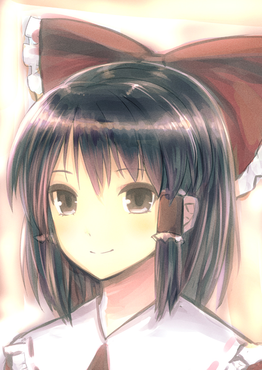 bad_id black_eyes black_hair blush bust hair_tubes hakurei_reimu kurobuta_gekkan long_hair rough smile solo touhou