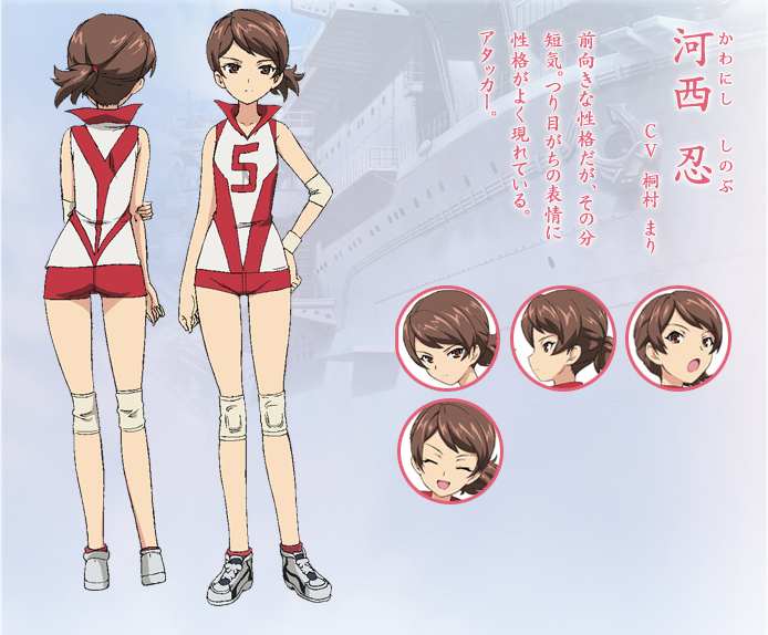 brown_eyes brown_hair character_sheet concept_art elbow_pads expressions girls_und_panzer hand_on_hip holding_arm kawanishi_shinobu knee_pads official_art ponytail shoes short_hair short_shorts shorts sleeveless sleeveless_shirt solo standing translated tsurime volleyball_uniform wristband