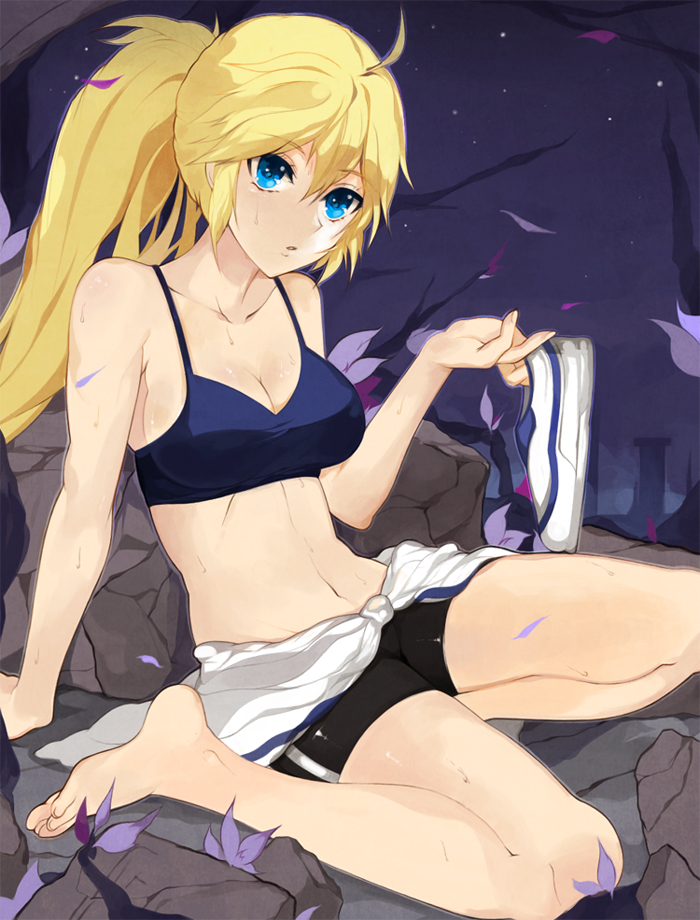 ahoge arm_support bare_shoulders barefoot bike_shorts blonde_hair blue_eyes breasts cleavage collarbone feet holding holding_shoes jacket jacket_around_waist kakaaru midriff navel night odien outdoors ponytail shoes_removed sitting sports_bra star sword_girls wariza