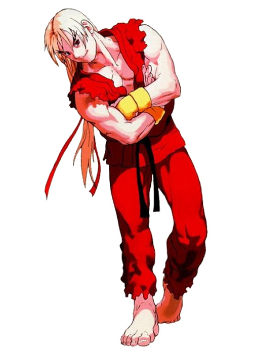 90s barefoot bengus blonde_hair blue_eyes capcom crossed_arms dougi eyebrows hair_ribbon ken_masters kote long_hair muscle official_art ponytail ribbon smile solo street_fighter thick_eyebrows torn_clothes torn_sleeves x-men_vs._street_fighter x-men_vs_street_fighter