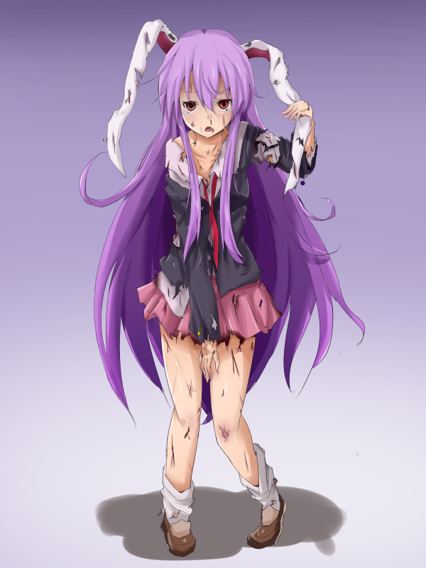 animal_ears bunny_ears collarbone dirty_clothes dirty_face gradient gradient_background injury jacket long_hair long_sleeves looking_at_viewer off_shoulder open_mouth pigeon-toed purple_hair rabbit_ears red_eyes reisen_udongein_inaba remiria100 ribbon scratches shadow skirt solo standing tears torn_clothes torn_jacket torn_shirt torn_skirt torn_sleeves touhou very_long_hair