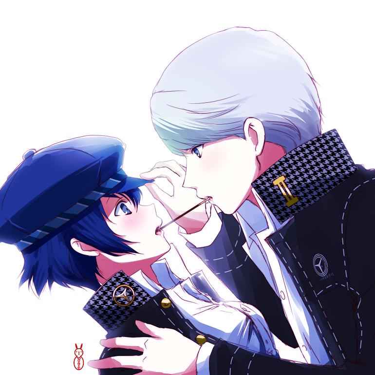 1girl blue_eyes blue_hair cabbie_hat grey_eyes grey_hair hat jacket machinosuke narukami_yuu persona persona_4 pocky pocky_kiss school_uniform shared_food shirogane_naoto short_hair