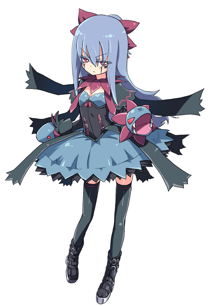 blue_hair closed_eyes colored_eyelashes eyes_closed homura_subaru hydreigon long_hair open_eyes personification pokemon pokemon_(game) pokemon_bw red_eyes simple_background solo thigh-highs thighhighs white_background
