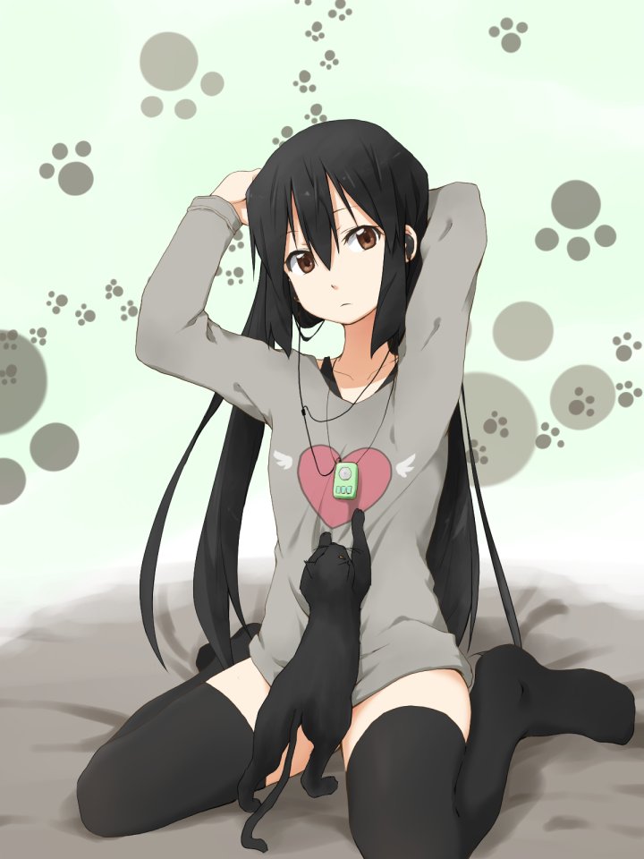 animal arms_up black_cat black_legwear brown_eyes cat censored convenient_censoring digital_media_player earphones k-on! kagiana long_hair nakano_azusa no_shoes paw_print sitting solo thigh-highs thighhighs twintails very_long_hair wariza