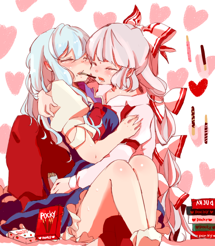 blue_hair bow closed_eyes dress eyes_closed fujiwara_no_mokou hair_bow hair_ribbon heart kamishirasawa_keine komaku_juushoku long_hair multiple_girls no_headwear pink_hair pocky pocky_kiss ribbon shared_food touhou yuri