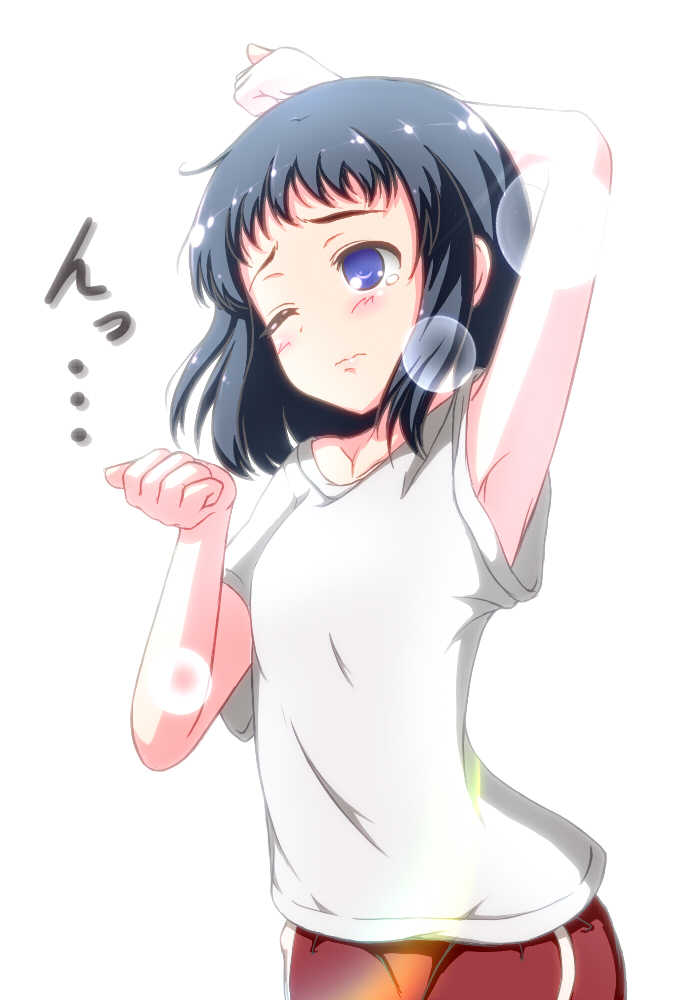 arm_up armpits banderasu black_hair blue_eyes blush clothed female kokaji_sukoya saki short_hair solo tears text translated translation_request white_background wink