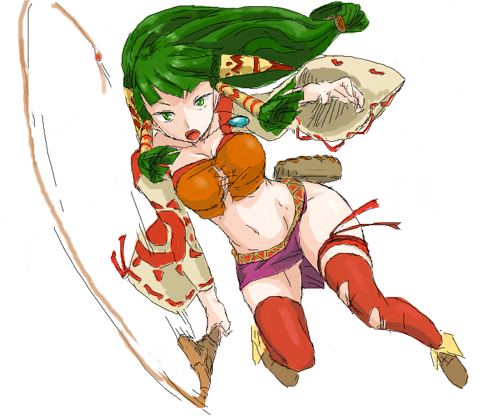 breasts feena from_above full_body grandia grandia_i green_hair hair_ornament hair_tubes jewelry large_breasts legs long_hair low-tied_long_hair microskirt midriff miniskirt necklace oekaki red_legwear skirt solo thigh-highs thighhighs thighs torn_thighhighs wantsupanchi!! weapon whip white_background wide_sleeves