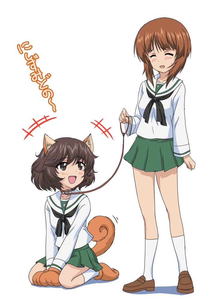 akiyama_yukari animal_ears blush brown_eyes brown_hair collar dog-ears dog_ears femdom girls_und_panzer leash multiple_girls niriru nishizumi_miho school_uniform serafuku short_hair translated translation_request yuri