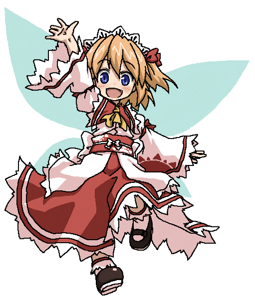 ascot blonde_hair blue_eyes blush child deku_(pixiv26269) fang mary_janes obi open_mouth shoes short_hair simple_background skirt smile solo sun_(symbol) sunny_milk touhou twintails white_background wings