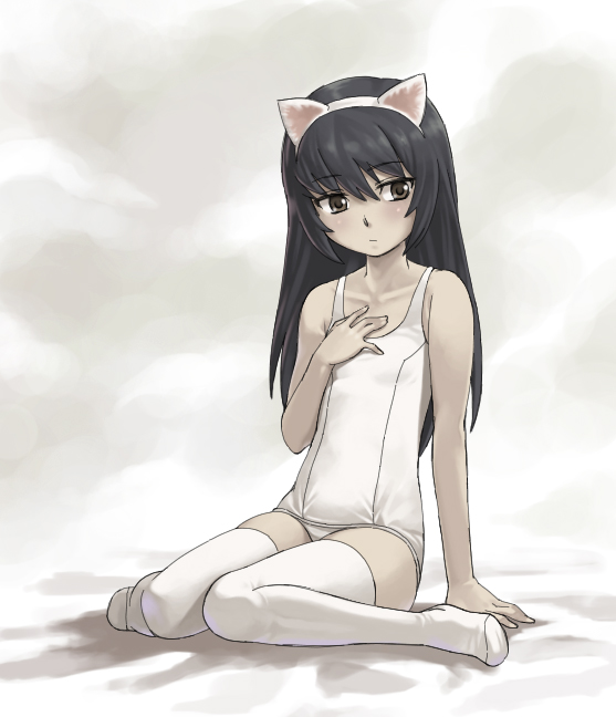 animal_ears arm_support black_hair brown_eyes cat_ears girls_und_panzer hand_on_own_chest kneeling long_hair reizei_mako school_swimsuit solo swimsuit thigh-highs thighhighs white_legwear white_school_swimsuit you2