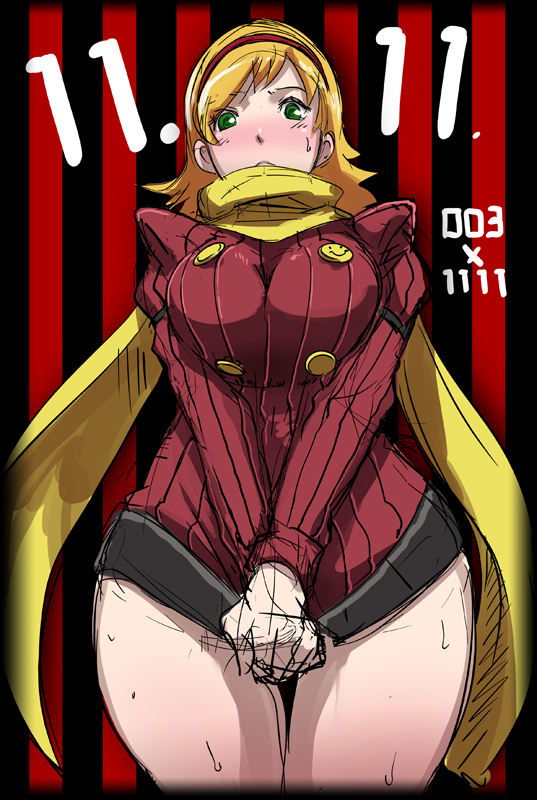 blonde_hair blush breasts curvy cyborg_009 eroquis francoise_arnoul green_eyes large_breasts long_hair pocky_day ribbed_sweater rough scarf shirt_tug smiley_face solo sweat sweater thigh_gap wide_hips