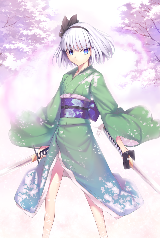 alternate_costume blue_eyes cherry_blossoms dual_wielding hair_ribbon hairband holding japanese_clothes kaiza_(rider000) katana kimono konpaku_youmu konpaku_youmu_(ghost) obi petals revision ribbon short_hair silver_hair solo sword touhou weapon yukata