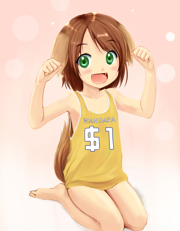 1girl animal_ears brown_hair dog_ears dog_tail flat_chest green_eyes meiko_(inuarashi) mis_res naked_shirt open_mouth original seiza sitting smile solo tail