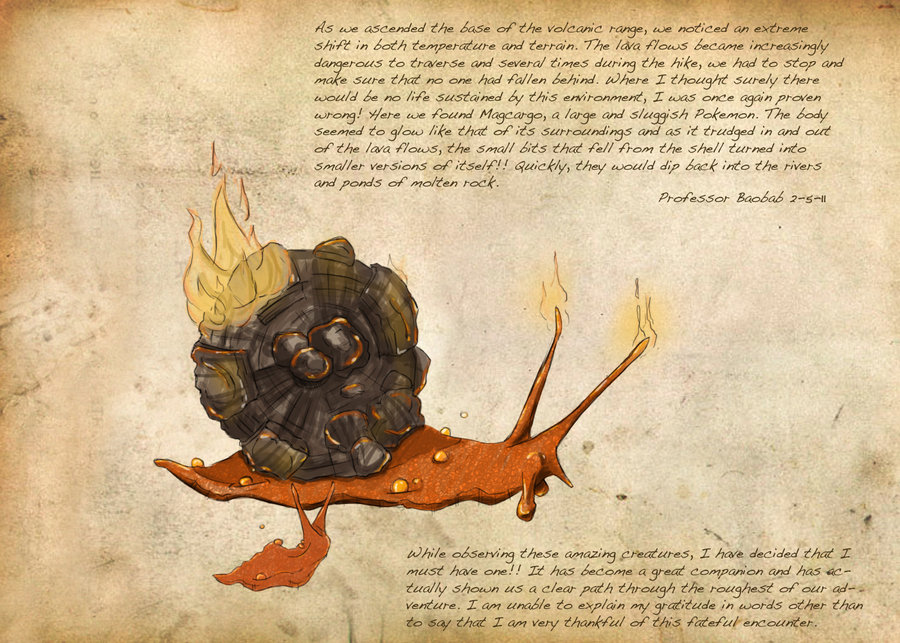 english fire flame magcargo michael_casteel no_humans pokemon realistic slugma solo text