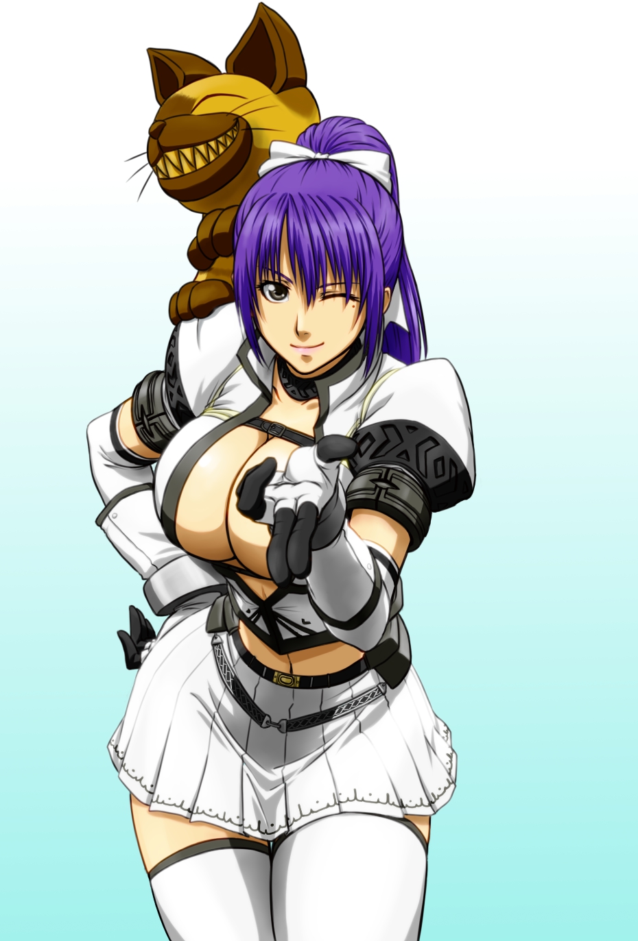 akimaru bangs belt black_eyes breasts carrying cat choker cleavage closed_eyes crop_top elbow_gloves eyes_closed felyne gloves gradient grin hair_ribbon hand_on_hip harvest_(armor) highres large_breasts leaning_forward lipstick long_hair makeup midriff mole monster_hunter monster_hunter_frontier naughty_face navel no_bra open_clothes open_shirt outstretched_hand parted_bangs pleated_skirt pointing ponytail purple_hair revision ribbon shirt shoulder_carry simple_background skirt smile standing thigh-highs thigh_gap thighhighs whiskers white_legwear wink zettai_ryouiki