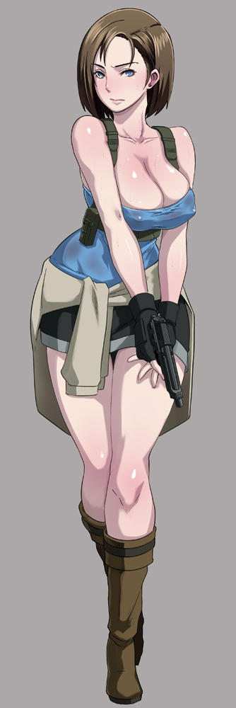 armpit_holster bangs bare_shoulders blue_eyes bob_cut boots breasts brown_hair cleavage crossed_legs_(standing) eroquis fingerless_gloves gloves gun holster jill_valentine jpeg_artifacts large_breasts legs miniskirt pistol resident_evil resident_evil_3 see-through short_hair skirt solo strapless sweater_around_waist trigger_discipline weapon