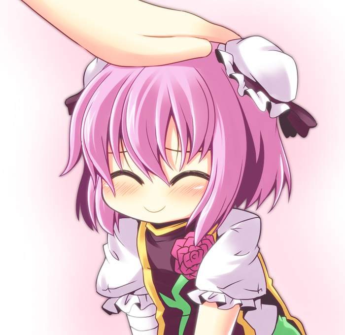 ^_^ blush chibi child closed_eyes double_bun hand_on_another's_head hand_on_another's_head ibaraki_kasen ichimi petting pink_background pink_hair puffy_sleeves short_hair simple_background smile tabard touhou white_background young