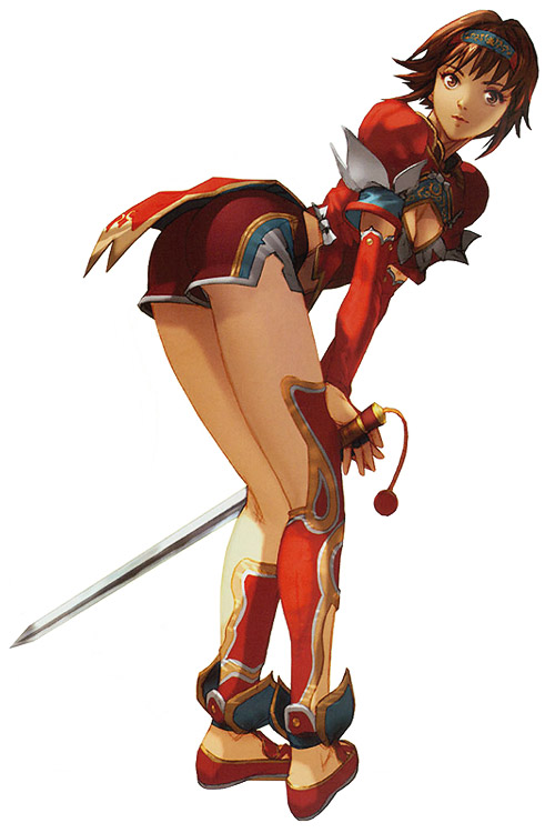 1girl ass bent_over blush breasts brown_eyes brown_hair chai_xianghua character_name cleavage cleavage_cutout detached_sleeves female from_behind full_body hairband jian_(weapon) kawano_takuji no_socks official_art short_shorts shorts simple_background solo soul_calibur soulcalibur soulcalibur_ii white_background