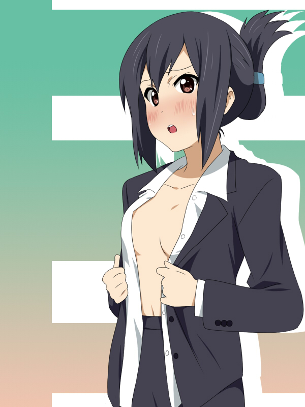 adult alternate_hairstyle black_hair blush breasts brown_eyes business_suit dress_shirt face female formal ikari_manatsu k-on! nakano_azusa no_bra open_clothes open_shirt revision shirt solo suit sweat