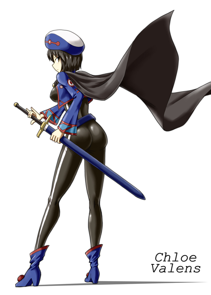ass black_hair bodysuit brown_eyes cape character_name chloe_valens cropped_jacket hat kousei_(public_planet) looking_back ready_to_draw scabbard sheath shoes short_hair solo sword tales_of_(series) tales_of_legendia weapon white_background