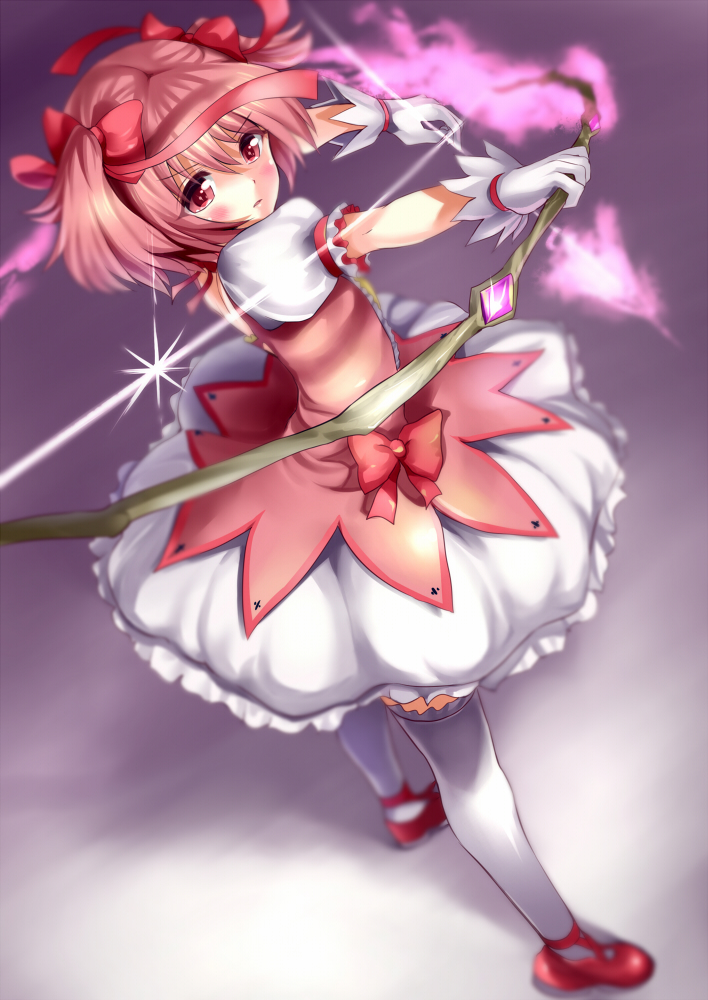 arudehido blurry blush bow bow_(weapon) bubble_skirt dress gloves hair_bow hair_ribbon holding kaname_madoka magical_girl mahou_shoujo_madoka_magica pink_hair red_eyes revision ribbon solo standing thigh-highs thighhighs twintails weapon white_legwear
