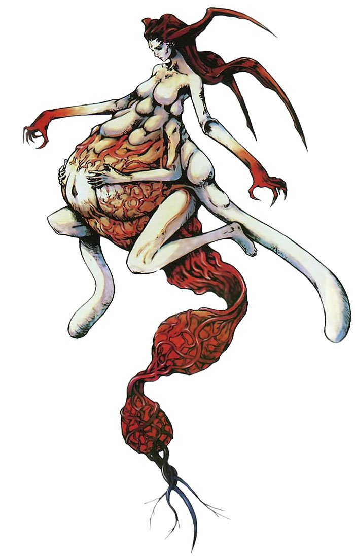 claws eve_(parasite_eve) extra_arms holding_stomach horns long_hair monster_girl nomura_tetsuya official_art pale_skin parasite_eve pregnant red_hair redhead solo veins