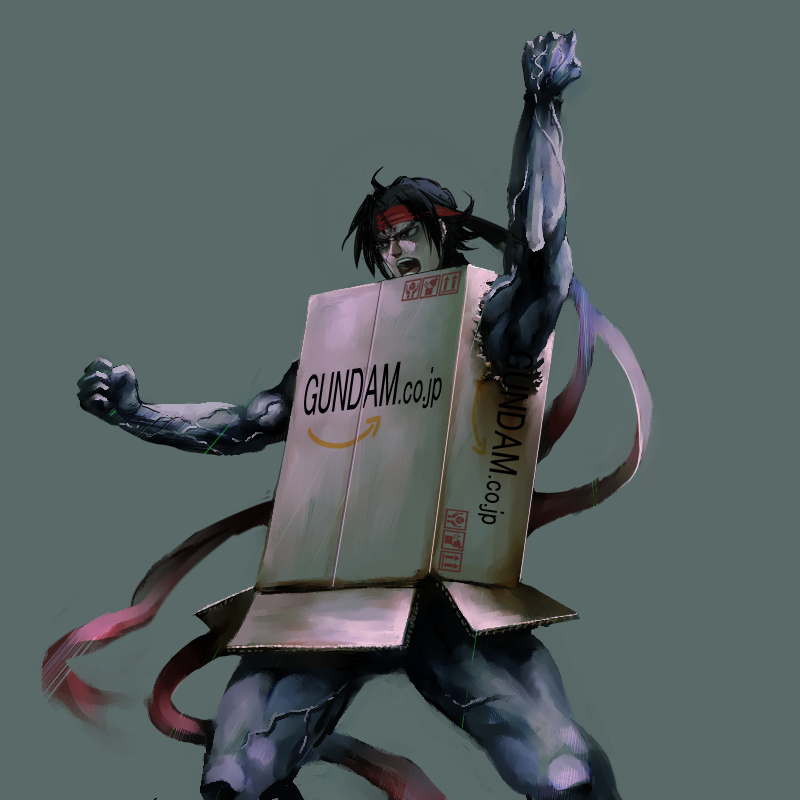 amazon_(company) bandana bandanna black_hair box brand_name_imitation cardboard_box_gundam domon_kasshu g_gundam gradient gradient_background gundam homex male revision solo